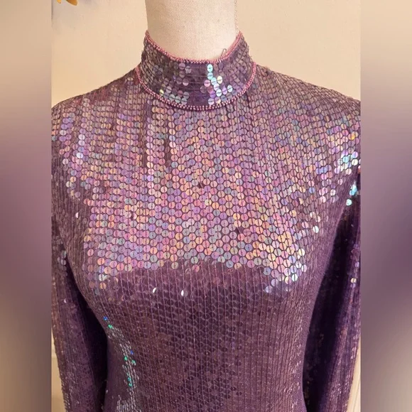 80s Vintage Purple Sequin Long Sleeve Dress - Picture 3 of 12